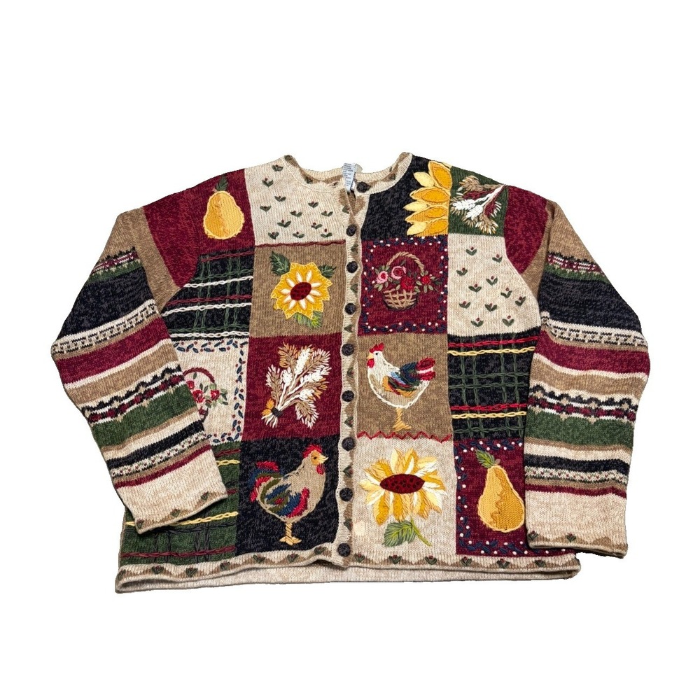 Tiara International Sweater Womens L Patchwork Autumn Chicken Cottage Farmhouse